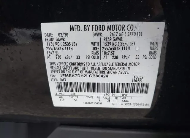 1FMSK7DH2LGB80424 2020 2020 Ford Explorer- Xlt 9