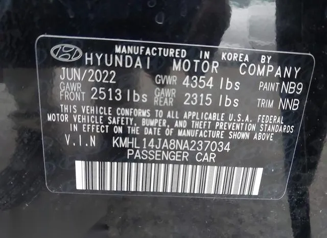 KMHL14JA8NA237034 2022 2022 Hyundai Sonata- Sel 9