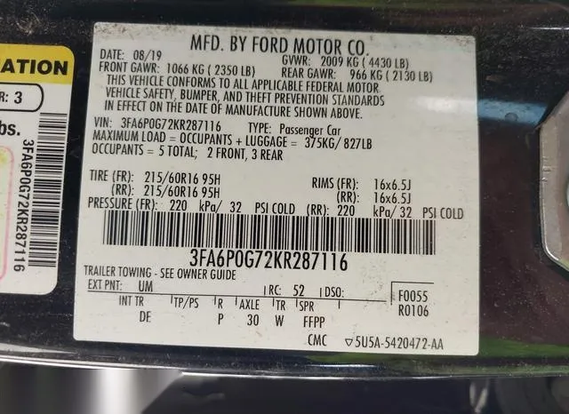 3FA6P0G72KR287116 2019 2019 Ford Fusion- S 9