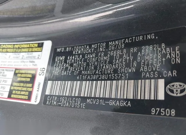 4T1FA38P38U155751 2008 2008 Toyota Camry- Solara Sle 9