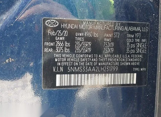 5NMS33AA2LH231799 2020 2020 Hyundai Santa Fe- Sel 2-0T 9