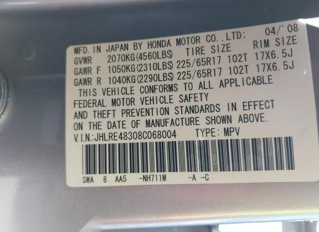 JHLRE48308C068004 2008 2008 Honda CR-V- LX 9