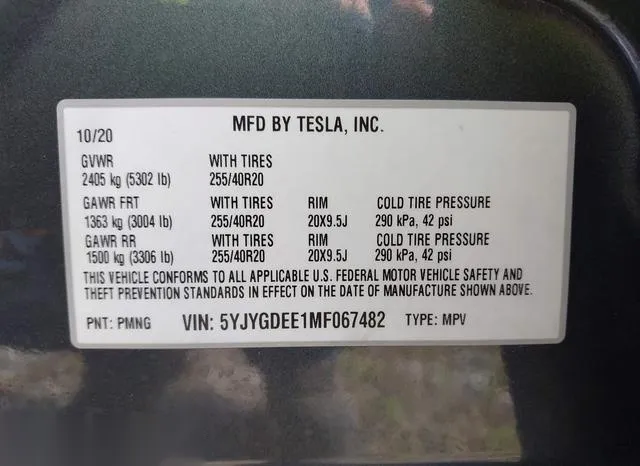 5YJYGDEE1MF067482 2021 2021 Tesla Model Y- Long Range Dual 9