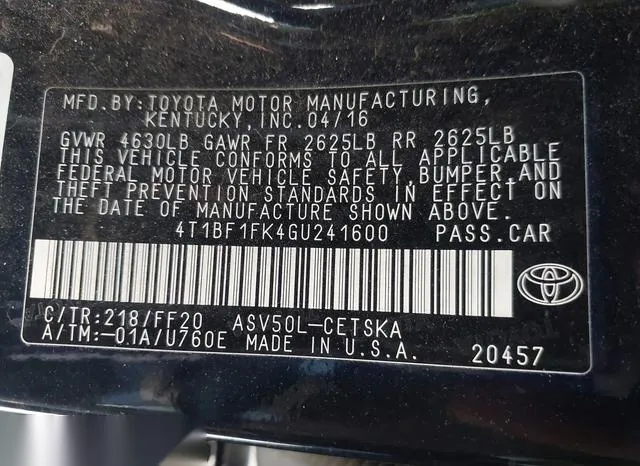 4T1BF1FK4GU241600 2016 2016 Toyota Camry- SE 9