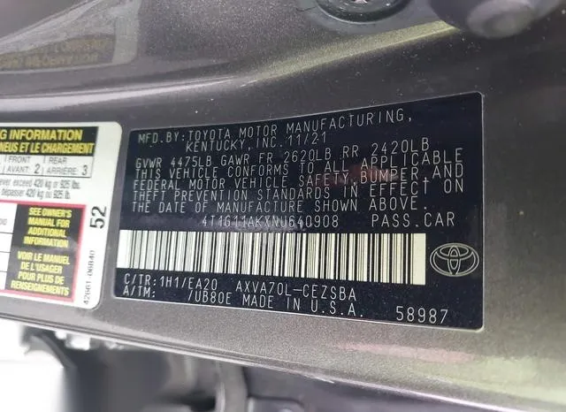 4T1G11AKXNU640908 2022 2022 Toyota Camry- SE 9