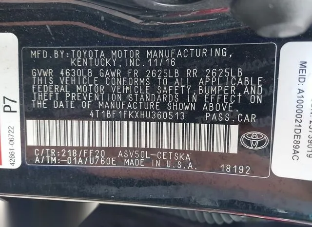 4T1BF1FKXHU360513 2017 2017 Toyota Camry- SE 9