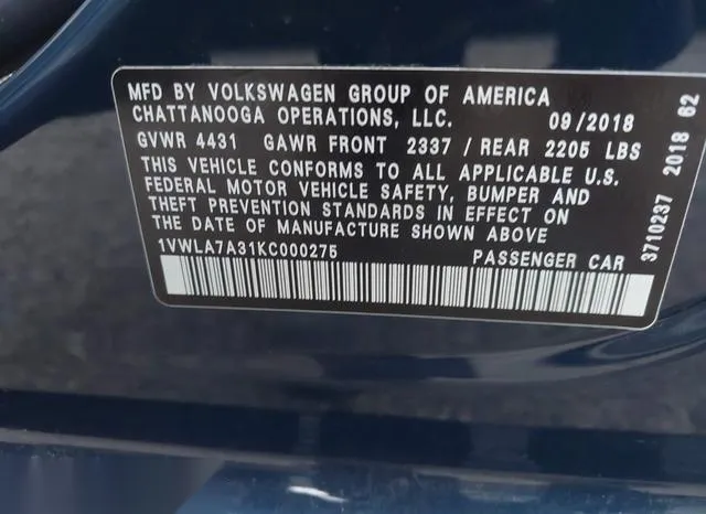 1VWLA7A31KC000275 2019 2019 Volkswagen Passat- 2-0T Wolfsbu 9