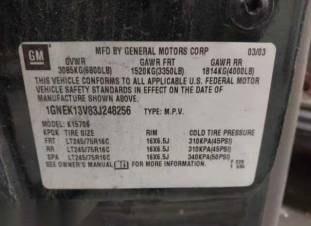 1GNEK13V83J248256 2003 2003 Chevrolet Tahoe- LS 9