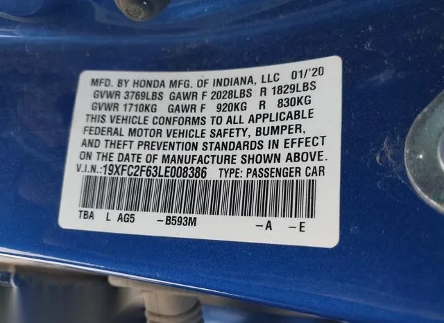 19XFC2F63LE008386 2020 2020 Honda Civic- LX 9