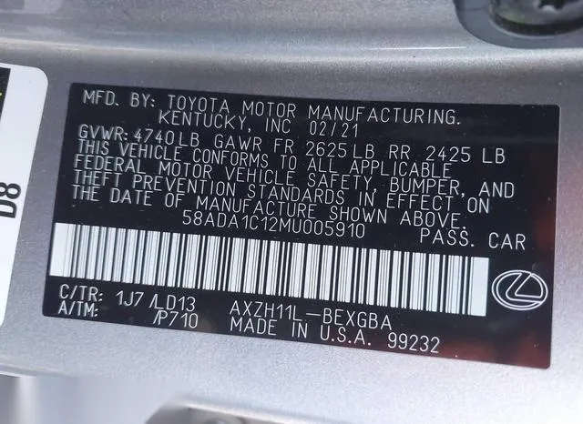 58ADA1C12MU005910 2021 2021 Lexus ES- 300H 9