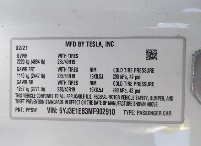 5YJ3E1EB3MF902910 2021 2021 Tesla Model 3- Long Range Dual 9