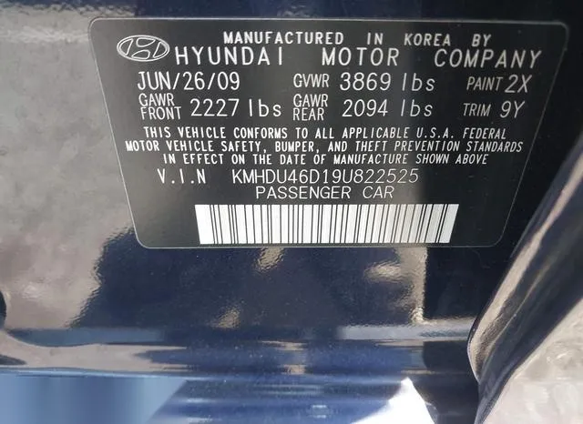 KMHDU46D19U822525 2009 2009 Hyundai Elantra- Gls 9