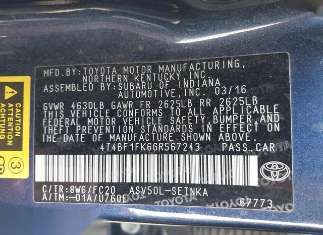 4T4BF1FK6GR567243 2016 2016 Toyota Camry- LE 9