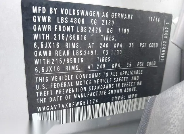 WVGAV7AX8FW551174 2015 2015 Volkswagen Tiguan- S 9