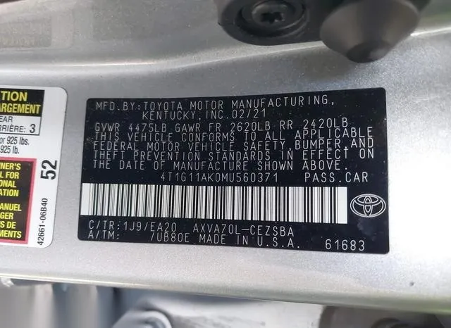 4T1G11AK0MU560371 2021 2021 Toyota Camry- SE 9