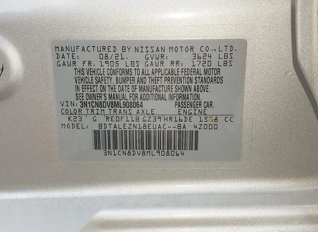 3N1CN8DV8ML908064 2021 2021 Nissan Versa- S Xtronic Cvt 9