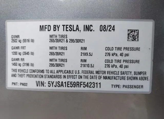 5YJSA1E59RF542311 2024 2024 Tesla Model S- Long Range 9