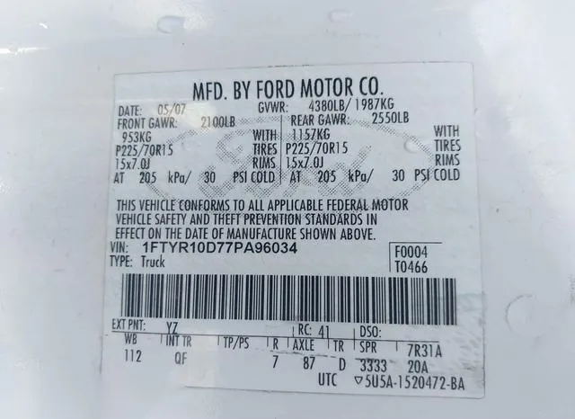 1FTYR10D77PA96034 2007 2007 Ford Ranger- Stx/Xl/Xlt 9