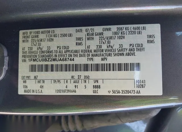 1FMCU0BZ2MUA68744 2021 2021 Ford Escape- Se Hybrid 9