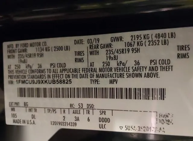 1FMCU9J9XKUB58825 2019 2019 Ford Escape- Titanium 9