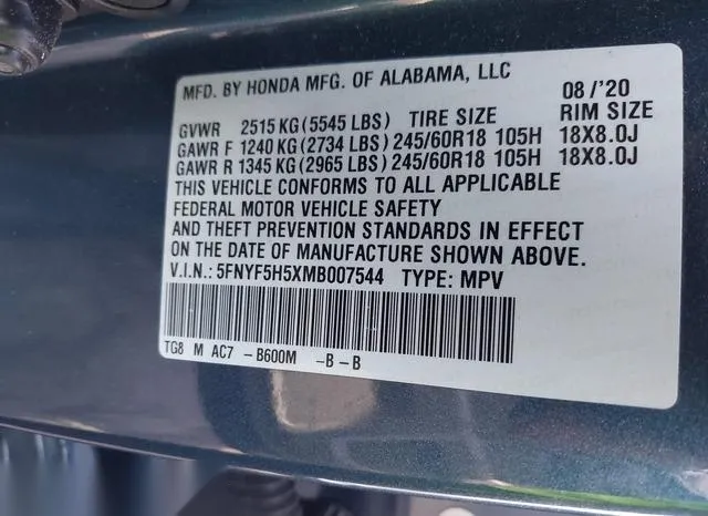 5FNYF5H5XMB007544 2021 2021 Honda Pilot- 2Wd Ex-L 9