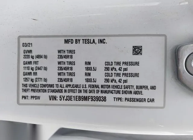 5YJ3E1EB9MF939038 2021 2021 Tesla Model 3- Long Range Dual 9