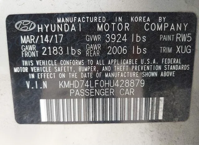 KMHD74LF0HU428879 2017 2017 Hyundai Elantra- SE 9