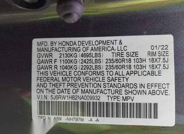 5J6RW1H82NA009932 2022 2022 Honda CR-V- 2Wd Ex-L 9