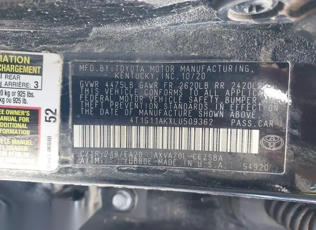 4T1G11AKXLU509362 2020 2020 Toyota Camry- SE 9