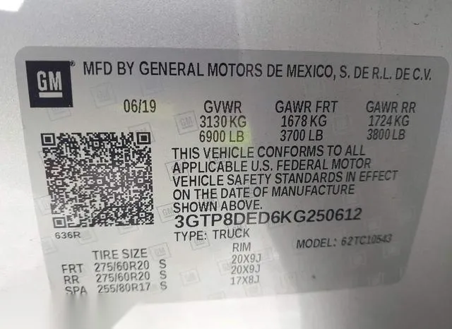 3GTP8DED6KG250612 2019 2019 GMC Sierra- 1500 Slt 9