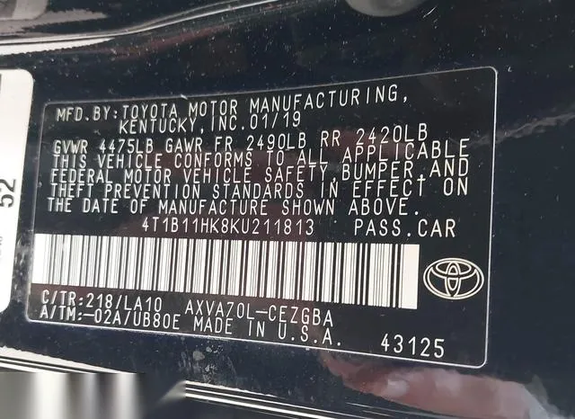 4T1B11HK8KU211813 2019 2019 Toyota Camry- Xle 9