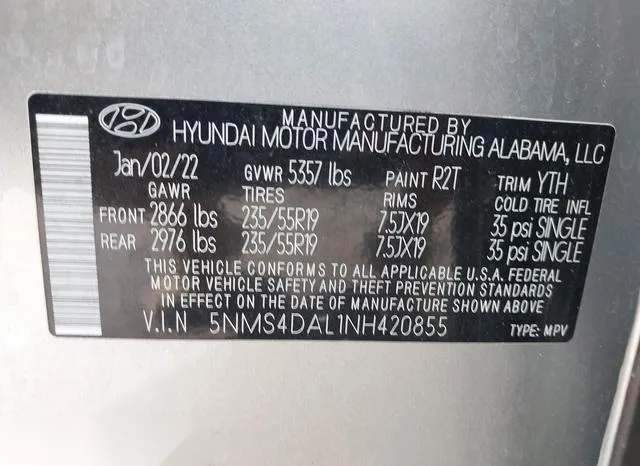 5NMS4DAL1NH420855 2022 2022 Hyundai Santa Fe- Limited 9