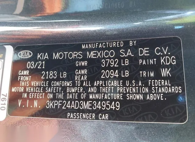 3KPF24AD3ME349549 2021 2021 KIA Forte- Lxs 9