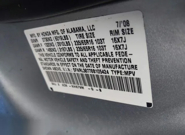 5FNRL38778B105424 2008 2008 Honda Odyssey- Ex-L 9