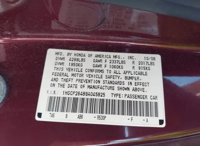 1HGCP26489A045825 2009 2009 Honda Accord- 2-4 Lx-P 9