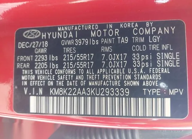 KM8K22AA3KU293339 2019 2019 Hyundai Kona- Sel 9