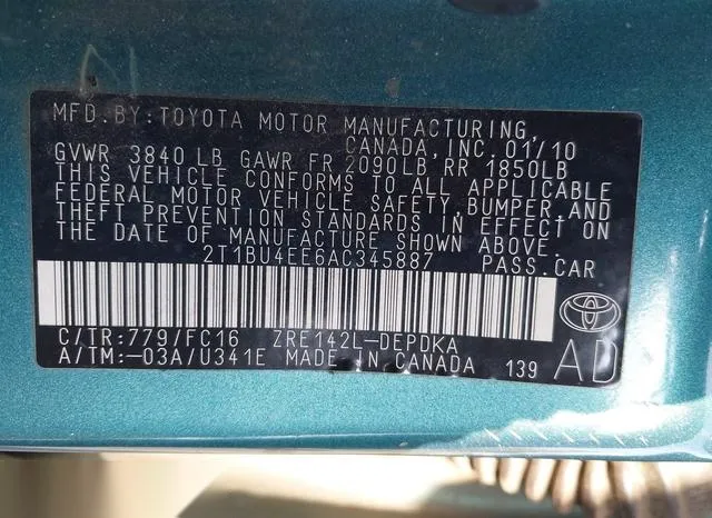 2T1BU4EE6AC345887 2010 2010 Toyota Corolla- LE 9