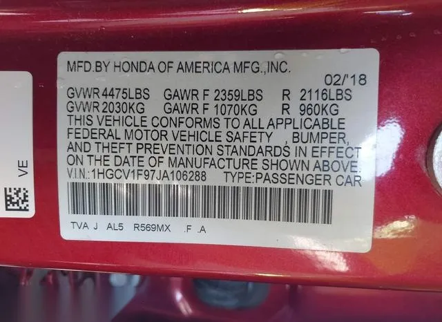 1HGCV1F97JA106288 2018 2018 Honda Accord- Touring 9