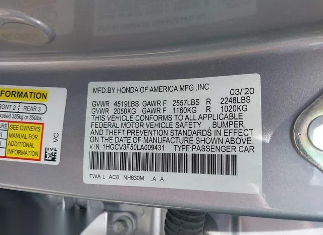 1HGCV3F50LA009431 2020 2020 Honda Accord- Hybrid Ex-L 9