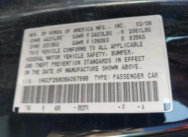 1HGCP26808A097998 2008 2008 Honda Accord- 2-4 Ex-L 9