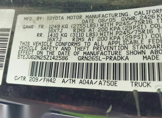 5TEJU62N25Z142586 2005 2005 Toyota Tacoma- Prerunner V6 9