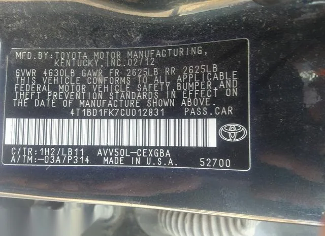 4T1BD1FK7CU012831 2012 2012 Toyota Camry- Hybrid Xle 9