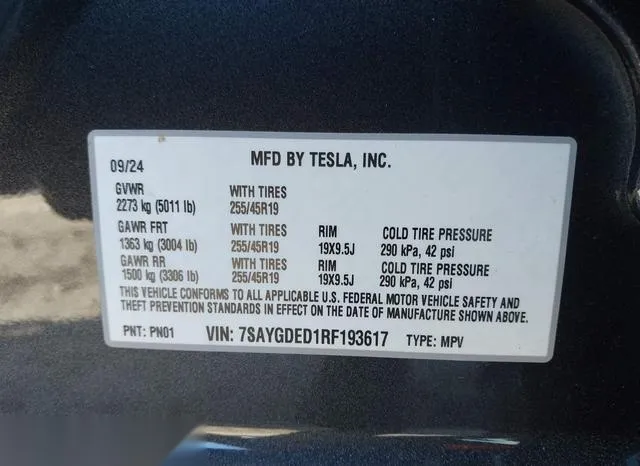 7SAYGDED1RF193617 2024 2024 Tesla Model Y- Long Range Dual 9