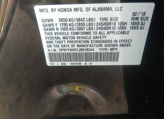 5FNYF6H57JB018244 2018 2018 Honda Pilot- Ex-L 9