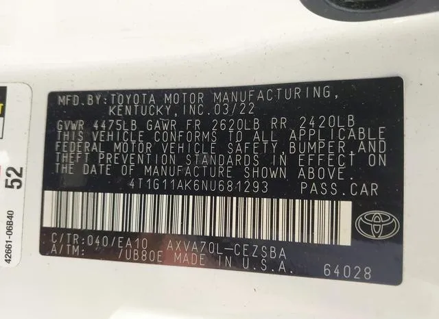 4T1G11AK6NU681293 2022 2022 Toyota Camry- SE 9