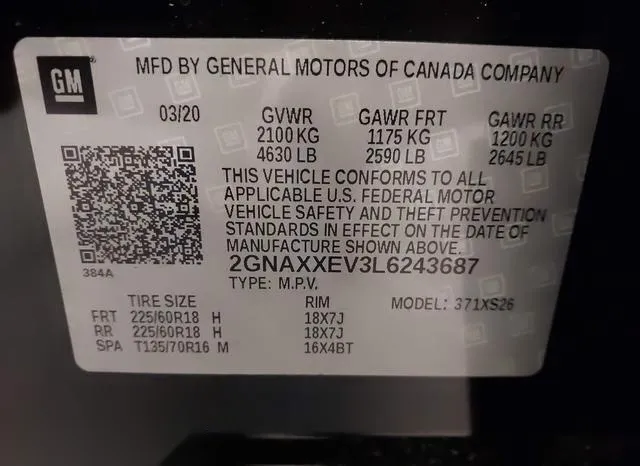 2GNAXXEV3L6243687 2020 2020 Chevrolet Equinox- Awd Premier 9