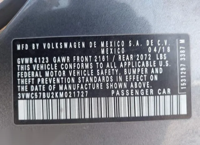 3VWC57BU2KM021727 2019 2019 Volkswagen Jetta- 1-4T R-Line/1 9