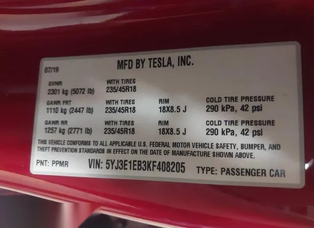 5YJ3E1EB3KF408205 2019 2019 Tesla Model 3- Long Range/Perfo 9