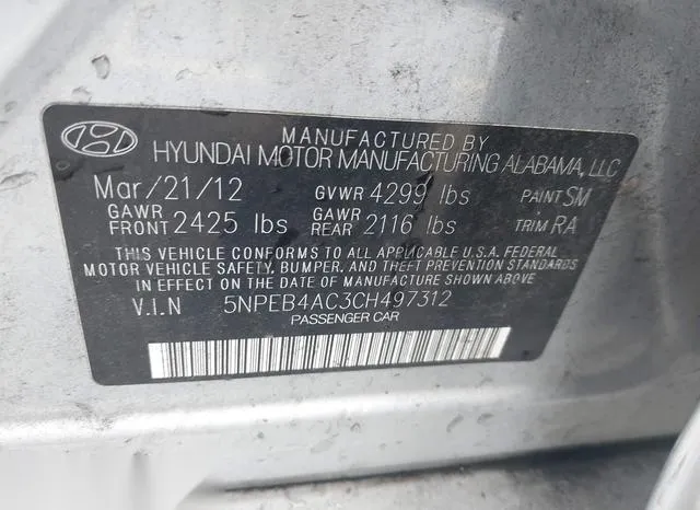 5NPEB4AC3CH497312 2012 2012 Hyundai Sonata- Gls 9