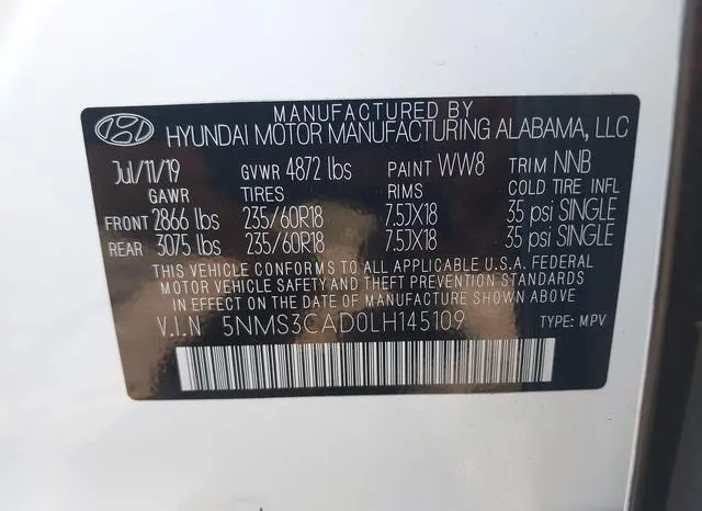 5NMS3CAD0LH145109 2020 2020 Hyundai Santa Fe- Sel 9